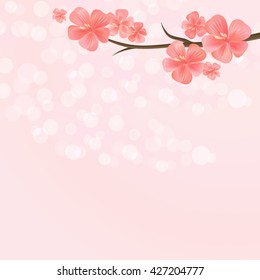 Flowers design. Vector abstract illustration. Branch of sakura with flowers. Cherry blossom branch on pink colorand Bokeh Background. Vector