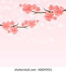 Flowers design. Vector abstract illustration. Branches of sakura with flowers. Cherry blossom branches on pink colorand Bokeh Background. Vector