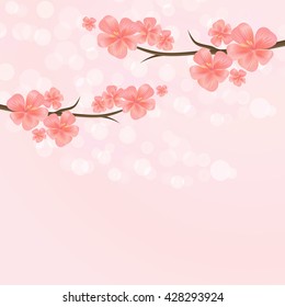 Flowers design. Vector abstract illustration. Branches of sakura with flowers. Cherry blossom branches on pink colorand Bokeh Background. Vector