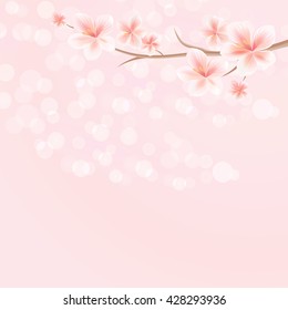 Flowers design. Vector abstract illustration. Branch of sakura with flowers. Cherry blossom branch on pink colorand Bokeh Background. Vector