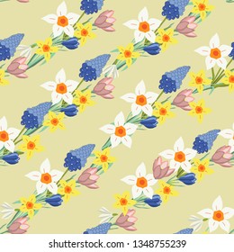 Flowers diagonal seamless pattern with spring flowers, endless texture design. Vector illustration.