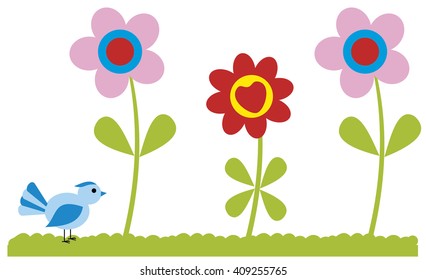 flowers of different colors with a bird on a white background vector illustration