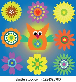flowers of different colors on a light background with birds. spring - summer