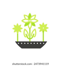 Flowers of different sizes growing in pot, black and green line icon vector illustration