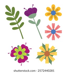 Flowers of different types and colors, yellow, blue, pink, purple and green leaves that welcome spring.