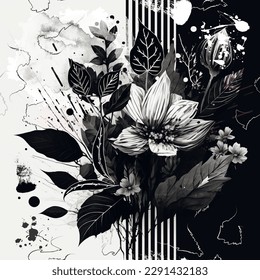 Flores. Sucio arte astriado con un patrón sin costuras florales. El fondo vectorial de pincel gris negro y blanco. Ornamento texturado moderno dibujado a mano con flores, hojas, líneas de doodle, puntos.