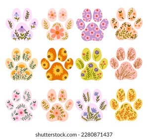 Flores de las patas de perro conjunto de ilustración vectorial. Florals paws silhouette clipart