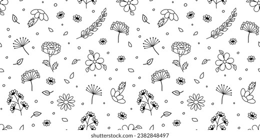 Patrón de doodle de flores, impresión de línea dibujada a mano floral, fondo retro de planta. Diseño de contorno de elementos botánicos. Ilustración del vector de repetición de Groove