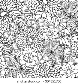 Flowers doodle seamless hand-drawn pattern. Zentangle black and white vector background.