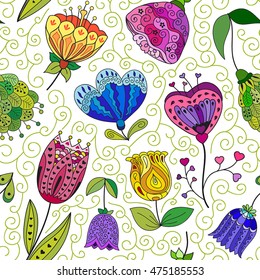 Flowers doodle seamless pattern on a white background. Vector illustration