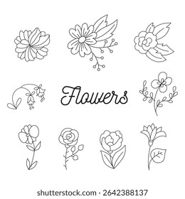 Flowers doodle set. Beautiful flower with hand drawn floral elements. Blossom botanical vector illustrations for decor, easter, print or textile design