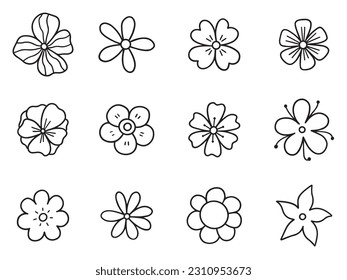 Flowers doodle set.  Floral elements in sketch style. Hand drawn vector illustration isolated on white background