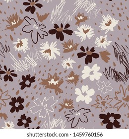 Flowers in doodle style. Seamless pattern made of daisies and abstract flowers. Outline drawings and silhouettes. Flat botanical background. 