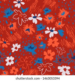 Flowers in doodle style. Seamless pattern made of daisies and abstract flowers. Outline drawings and silhouettes. Flat botanical background. 