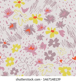 Flowers in doodle style. Seamless pattern made of daisies and abstract flowers. Outline drawings and silhouettes. Flat botanical background. 