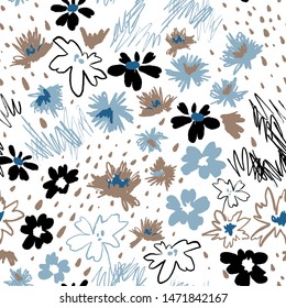 Flowers in doodle style. Seamless pattern made of daisies and abstract flowers. Outline drawings and silhouettes. Flat botanical background. 