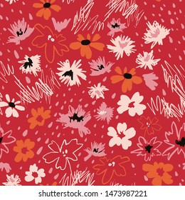 Flowers in doodle style. Seamless pattern made of daisies and abstract flowers. Outline drawings and silhouettes. Flat botanical background. 
