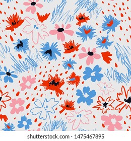 Flowers in doodle style. Seamless pattern made of daisies and abstract flowers. Outline drawings and silhouettes. Flat botanical background. 