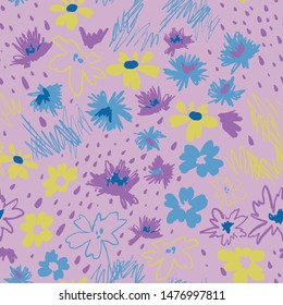 Flowers in doodle style. Seamless pattern made of daisies and abstract flowers. Outline drawings and silhouettes. Flat botanical background. 