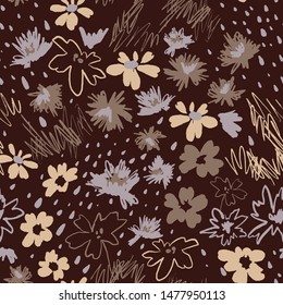 Flowers in doodle style. Seamless pattern made of daisies and abstract flowers. Outline drawings and silhouettes. Flat botanical background. 