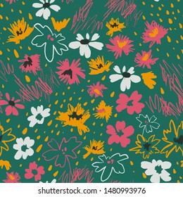 Flowers in doodle style. Seamless pattern made of daisies and abstract flowers. Outline drawings and silhouettes. Flat botanical background. 