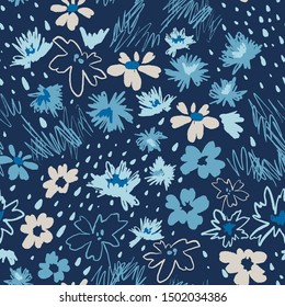 Flowers in doodle style. Seamless pattern made of daisies and abstract flowers. Outline drawings and silhouettes. Flat botanical background. 