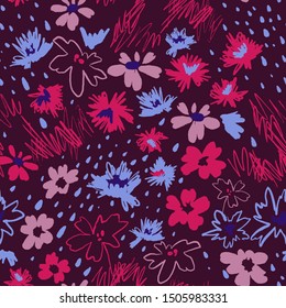 Flowers in doodle style. Seamless pattern made of daisies and abstract flowers. Outline drawings and silhouettes. Flat botanical background. 