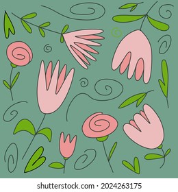 Flowers doodle stylization Vector illustration, pattern, background