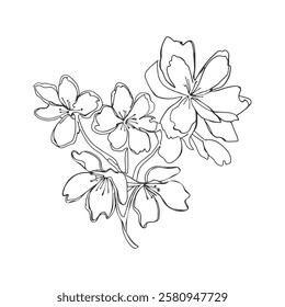 Flowers doodle stylized contour abstract drawing, summer vibe, outline sketch, isolated on white background.