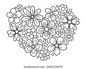 flowers doodle , thick black outlines for coloring book coloring page doodle art in white background. flower in heart.	