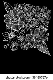 Flowers Doodle Vector Black Background