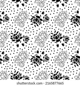 Flowers and Dots Black and white design for textile print, Seamless pattern