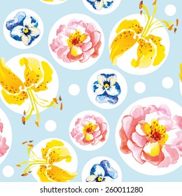 Flowers and dots on the light blue background. Watercolor seamless pattern. Rose, lily and pansy.