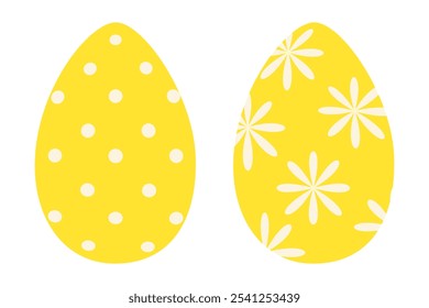 Flores y puntos estampados Huevos de Pascua en amarillo de moda. Conjunto de 2 felicitaciones de Pascua o concepto de tarjetas