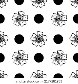 Flowers and dots. Seamless monochrome floral pattern. Black abstract flowers. Botanical ink illustration with floral motif. Hand-drawn black print for fabric, wrapping paper, wallpaper or any prints. 