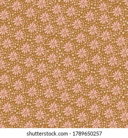 Flowers and dots seamless vector pattern in ochre and pinik. Decorative girly surface print design for fabrics, stationery, scrapbook paper, packaging, and gift wrap.