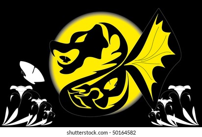 Flowers a dragon and butterflies
