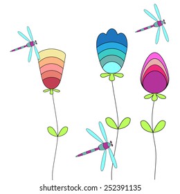 Flowers and dragonflies background. 