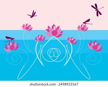 Flores y libélulas en azul y rosa