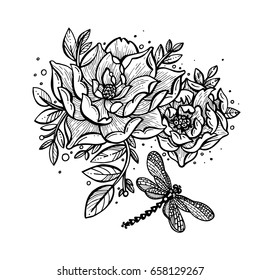 Flowers and dragonfly. Vector tattoo in vintage style. Isolated vector illustration.Tattoo salon logos and tattoo machine isolated on white background. Design elements, icons, badges and stamps.