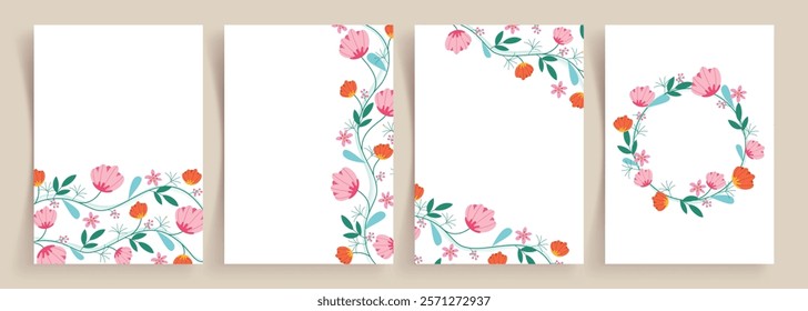 Flowers drawing border clipart poster set. Flower greetings card template clip art with watercolor, paint and abstract decoration elements. Vector illustration spring invitation card template. 
