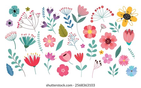 Flowers drawing colorful clipart set. Spring flowers clip art in watercolor, colorful and multicolored flat elements collection. Vector illustration floral graphic design. 
