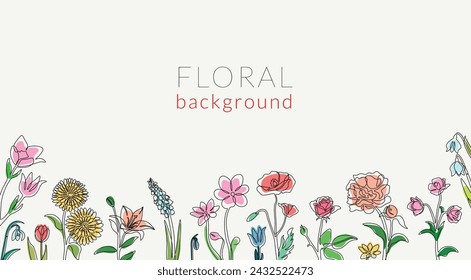 Flowers drawing. Floral background. Color blossoms. Meadow nature. Wildflowers line sketch. Garden bouquet. Outline blooming plants. Summer poppy or bluebells. Botanical elements. Vector spring banner