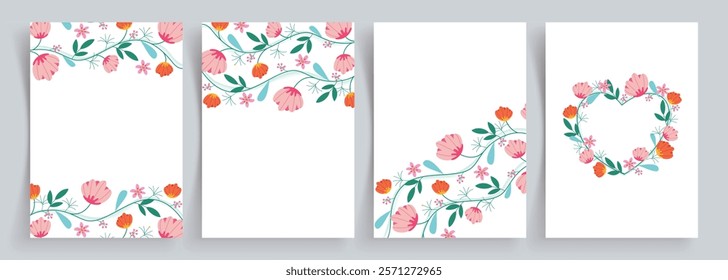 Flowers drawing greetings card clipart set. Spring flower template in watercolor paint style for invitation and wallpaper clip art collection. Vector illustration spring floral poster. 
