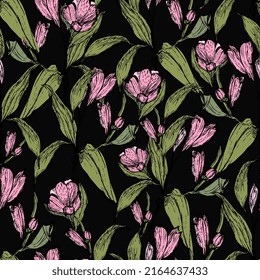 flowers drawing ink seamless pattern. Alstroemeria hand drawing, floral background