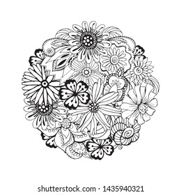 Flowers drawing with line-art on white backgrounds.Coloring for adults.