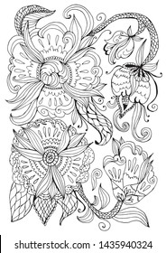 Flowers drawing with line-art on white backgrounds.Coloring for adults.