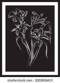 Flowers drawing and sketch. Vector poster. Living room poster, wall decoration poster