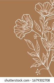 Flowers drawing vector illustration and line art. Gift card. Vector white line art on beige background. floral background wallpaper. Flower ornament good for web, print and stencil.