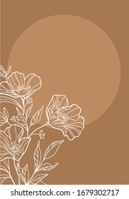 Flowers drawing vector illustration and line art. Gift card. Vector white line art on beige background. floral background wallpaper. Flower ornament good for web, print and stencil.
